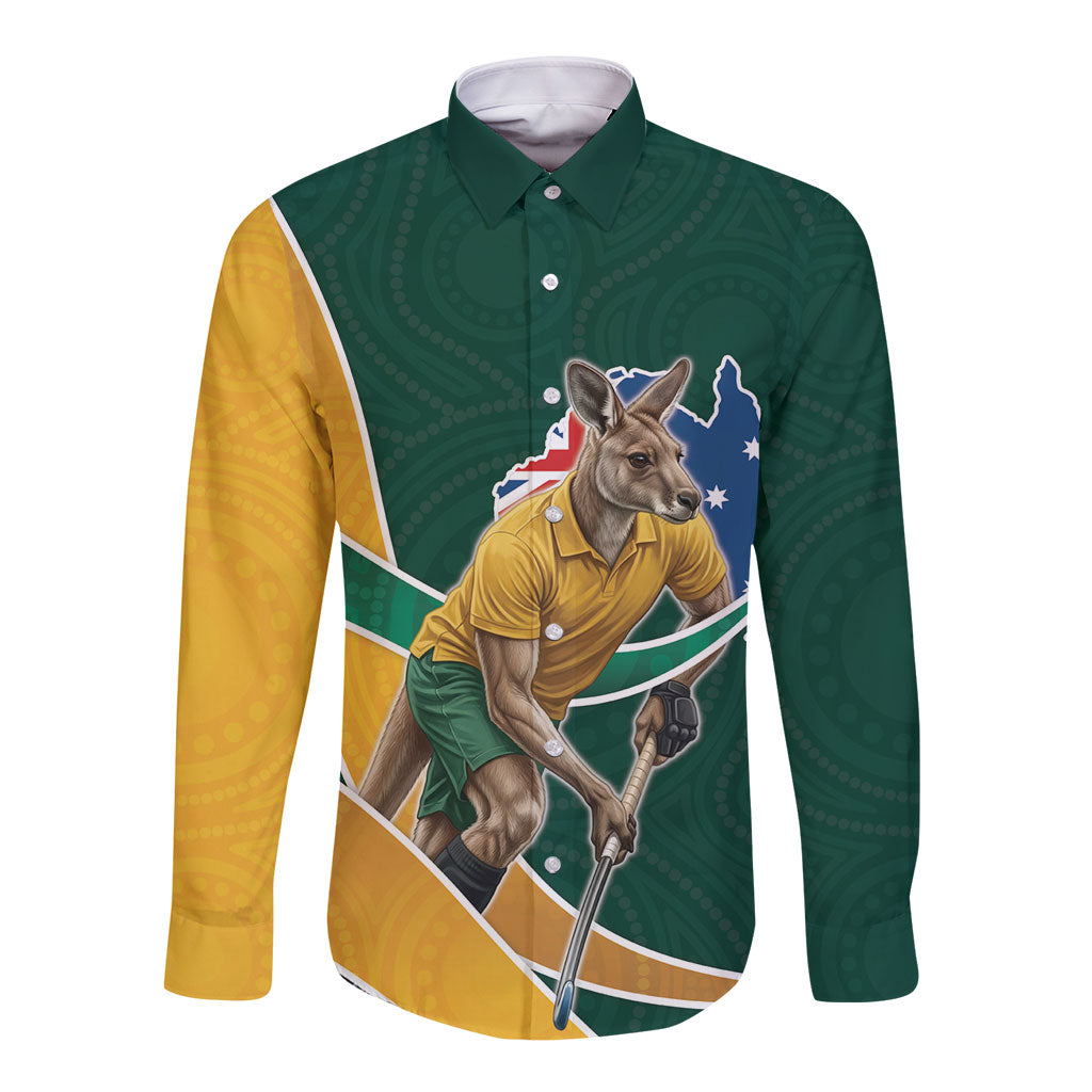 Personalized Kookaburras Field Hockey Kangaroo Long Sleeve Button Shirt Australian Flag Map With Abstract Green And Gold Wave Pattern