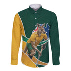 Personalized Kookaburras Field Hockey Kangaroo Long Sleeve Button Shirt Australian Flag Map With Abstract Green And Gold Wave Pattern
