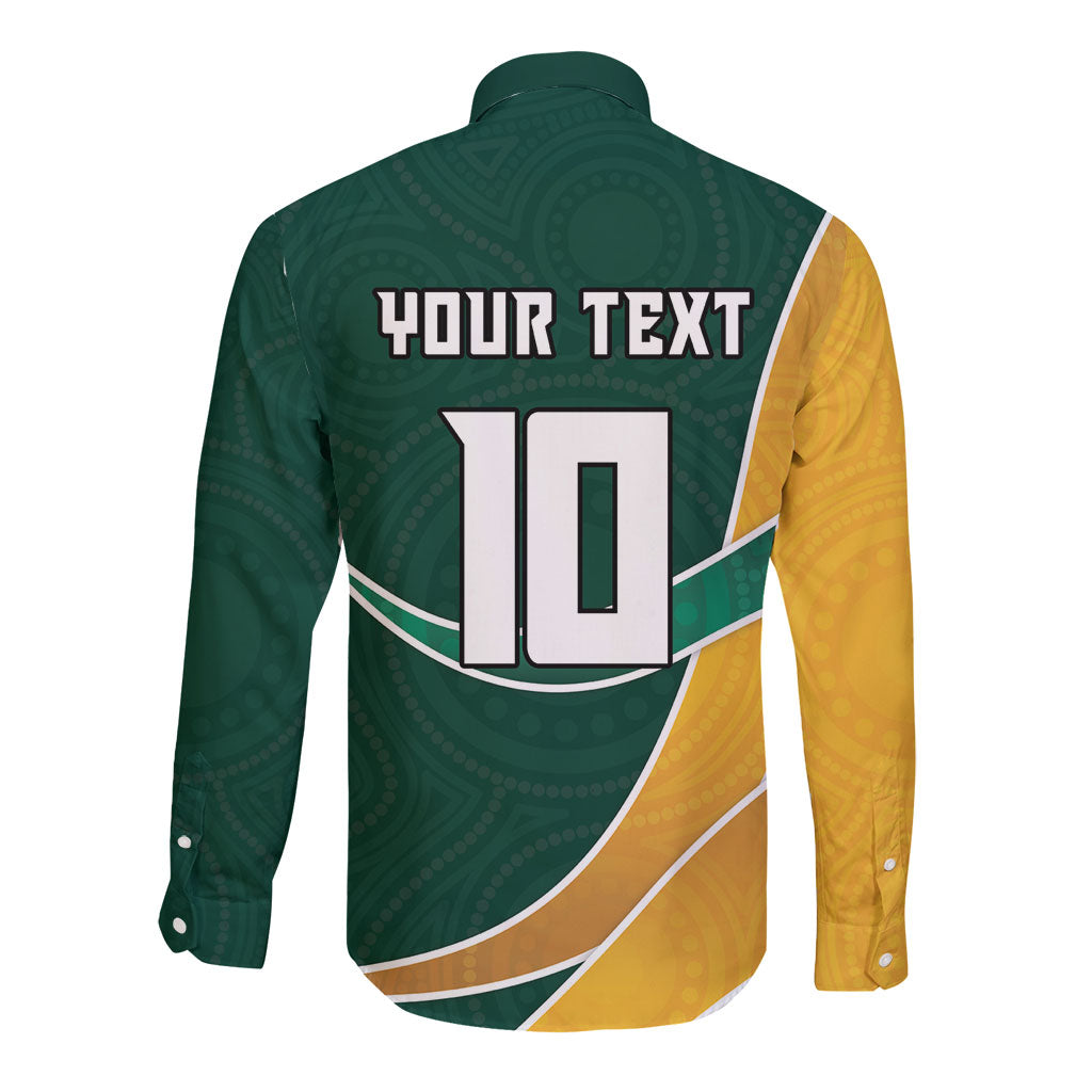 Personalized Kookaburras Field Hockey Kangaroo Long Sleeve Button Shirt Australian Flag Map With Abstract Green And Gold Wave Pattern