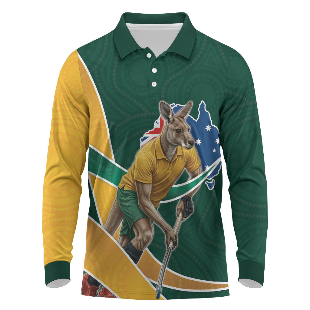 Personalized Kookaburras Field Hockey Kangaroo Long Sleeve Polo Shirt Australian Flag Map With Abstract Green And Gold Wave Pattern