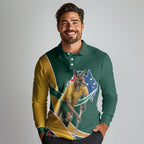 Personalized Kookaburras Field Hockey Kangaroo Long Sleeve Polo Shirt Australian Flag Map With Abstract Green And Gold Wave Pattern