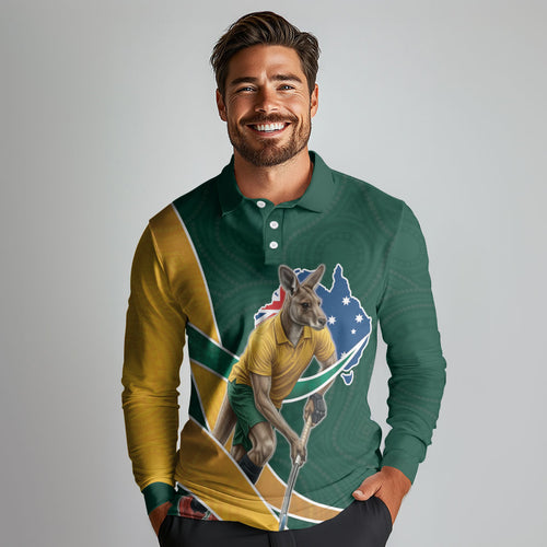 Personalized Kookaburras Field Hockey Kangaroo Long Sleeve Polo Shirt Australian Flag Map With Abstract Green And Gold Wave Pattern