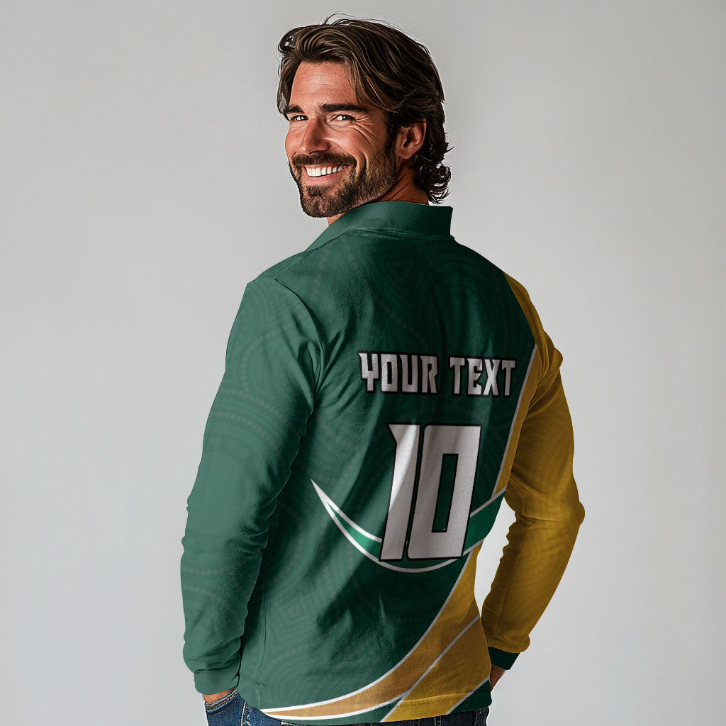 Personalized Kookaburras Field Hockey Kangaroo Long Sleeve Polo Shirt Australian Flag Map With Abstract Green And Gold Wave Pattern