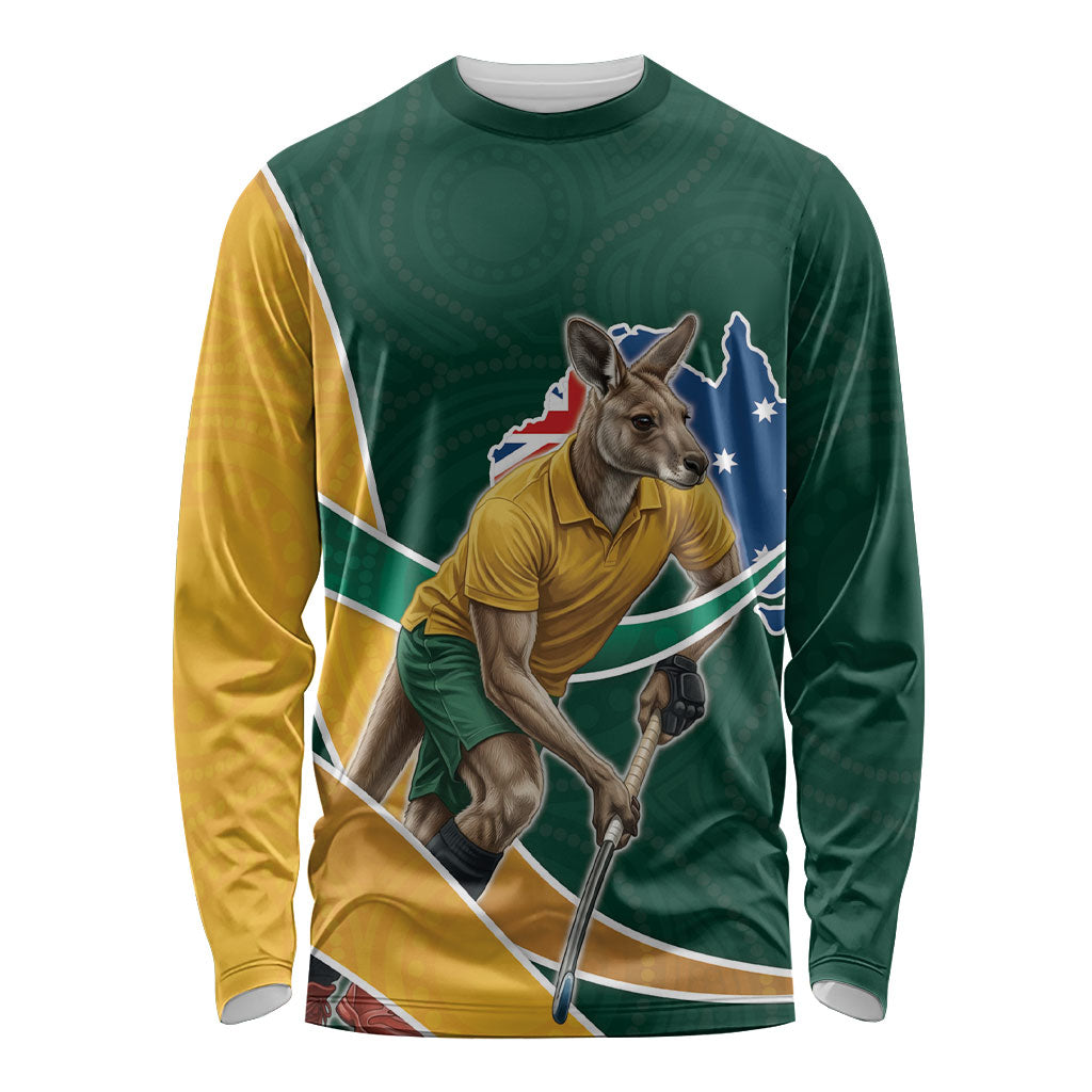 Personalized Kookaburras Field Hockey Kangaroo Long Sleeve Shirt Australian Flag Map With Abstract Green And Gold Wave Pattern