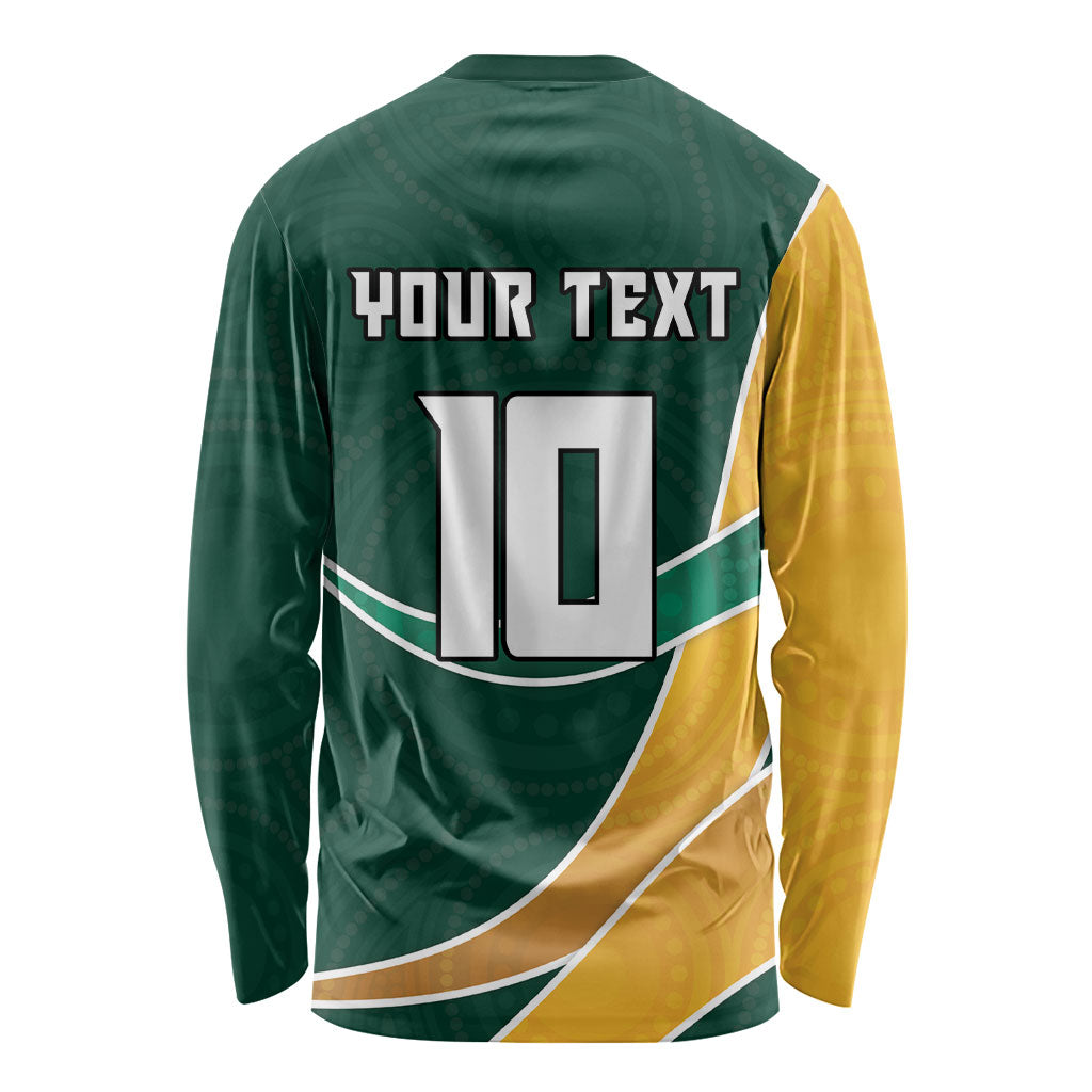Personalized Kookaburras Field Hockey Kangaroo Long Sleeve Shirt Australian Flag Map With Abstract Green And Gold Wave Pattern