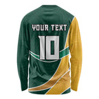 Personalized Kookaburras Field Hockey Kangaroo Long Sleeve Shirt Australian Flag Map With Abstract Green And Gold Wave Pattern