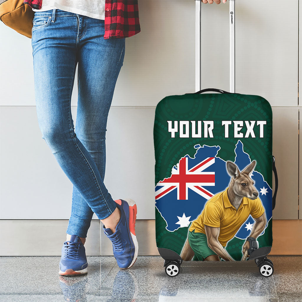 Personalized Kookaburras Field Hockey Kangaroo Luggage Cover Australian Flag Map With Abstract Green And Gold Wave Pattern