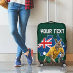 Personalized Kookaburras Field Hockey Kangaroo Luggage Cover Australian Flag Map With Abstract Green And Gold Wave Pattern