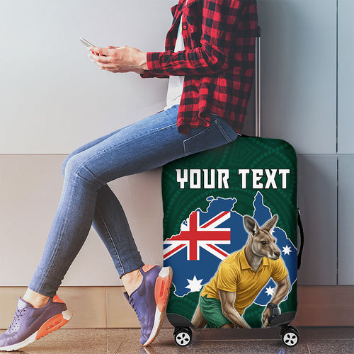 Personalized Kookaburras Field Hockey Kangaroo Luggage Cover Australian Flag Map With Abstract Green And Gold Wave Pattern