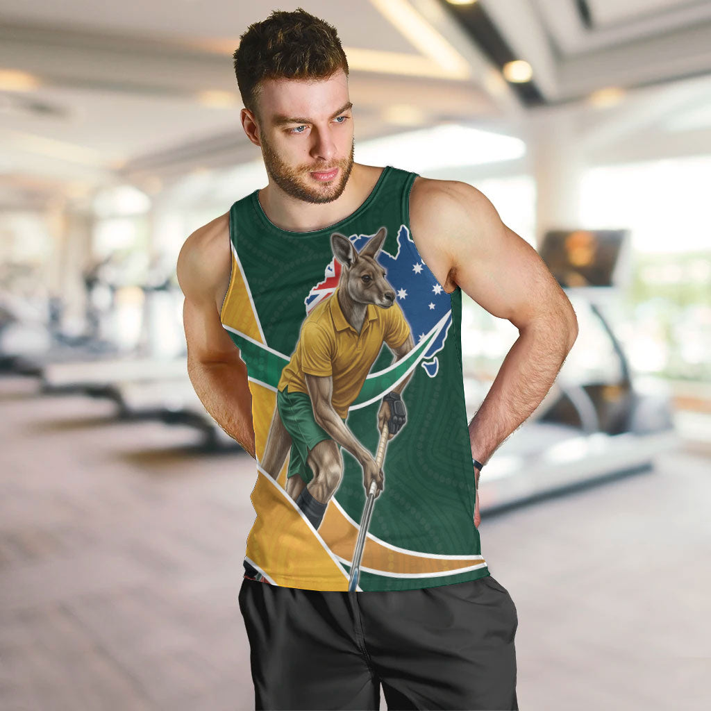 Personalized Kookaburras Field Hockey Kangaroo Men Tank Top Australian Flag Map With Abstract Green And Gold Wave Pattern