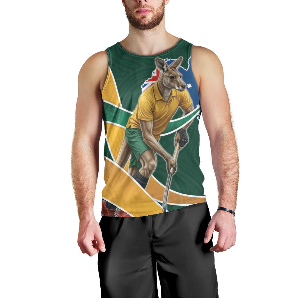 Personalized Kookaburras Field Hockey Kangaroo Men Tank Top Australian Flag Map With Abstract Green And Gold Wave Pattern