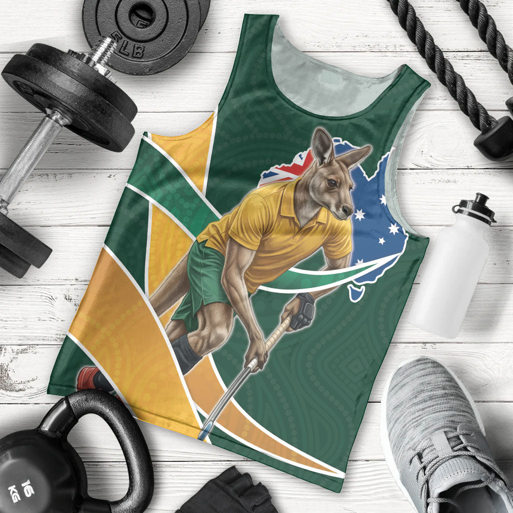 Personalized Kookaburras Field Hockey Kangaroo Men Tank Top Australian Flag Map With Abstract Green And Gold Wave Pattern