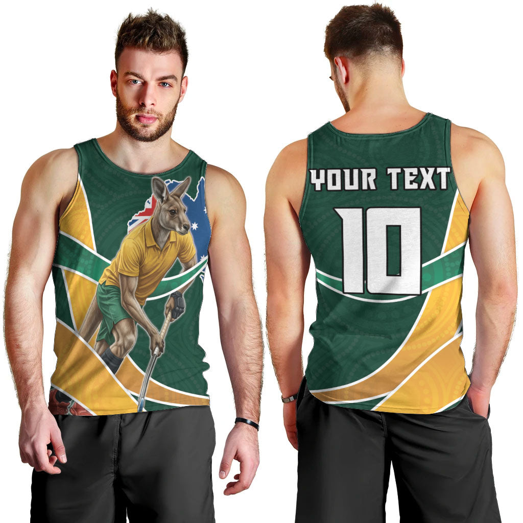 Personalized Kookaburras Field Hockey Kangaroo Men Tank Top Australian Flag Map With Abstract Green And Gold Wave Pattern