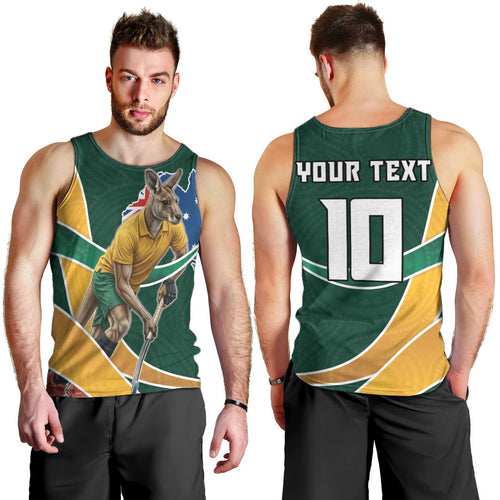 Personalized Kookaburras Field Hockey Kangaroo Men Tank Top Australian Flag Map With Abstract Green And Gold Wave Pattern