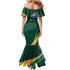 Personalized Kookaburras Field Hockey Kangaroo Mermaid Dress Australian Flag Map With Abstract Green And Gold Wave Pattern