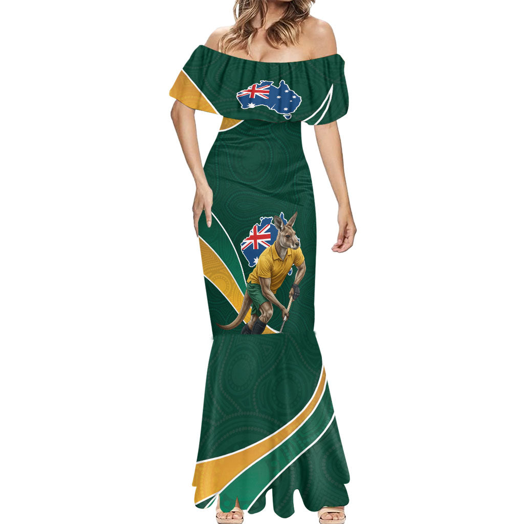 Personalized Kookaburras Field Hockey Kangaroo Mermaid Dress Australian Flag Map With Abstract Green And Gold Wave Pattern