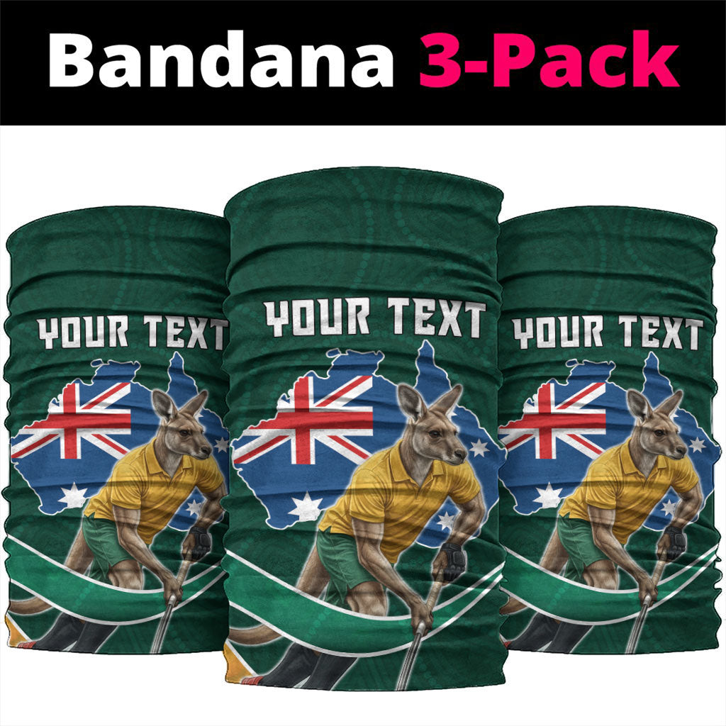 Personalized Kookaburras Field Hockey Kangaroo Neck Gaiter Australian Flag Map With Abstract Green And Gold Wave Pattern