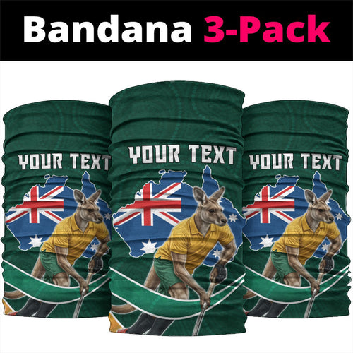 Personalized Kookaburras Field Hockey Kangaroo Neck Gaiter Australian Flag Map With Abstract Green And Gold Wave Pattern