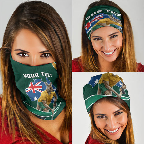 Personalized Kookaburras Field Hockey Kangaroo Neck Gaiter Australian Flag Map With Abstract Green And Gold Wave Pattern