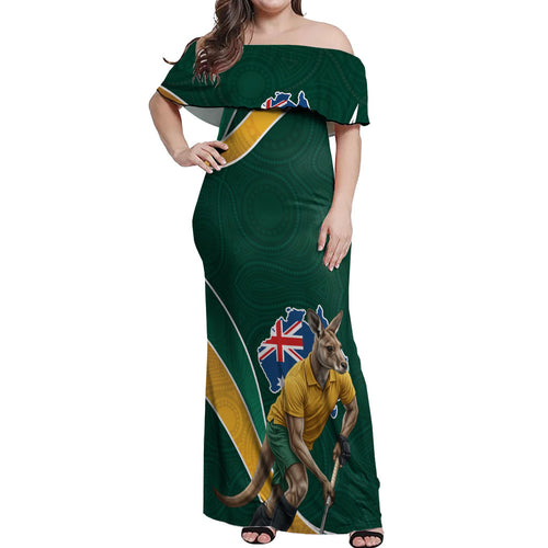 Personalized Kookaburras Field Hockey Kangaroo Off Shoulder Maxi Dress Australian Flag Map With Abstract Green And Gold Wave Pattern