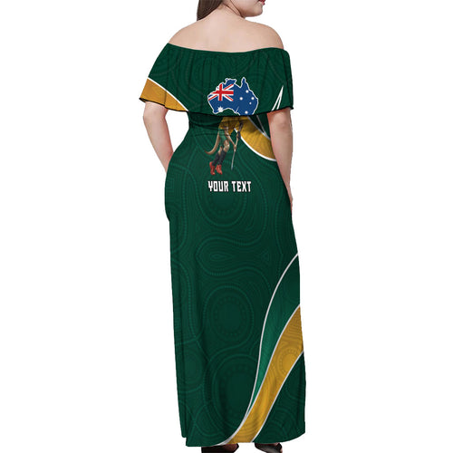 Personalized Kookaburras Field Hockey Kangaroo Off Shoulder Maxi Dress Australian Flag Map With Abstract Green And Gold Wave Pattern