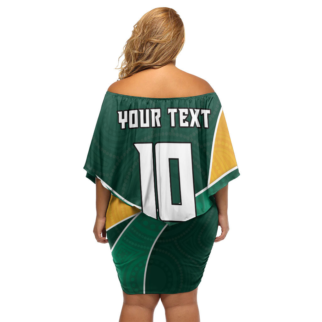 Personalized Kookaburras Field Hockey Kangaroo Off Shoulder Short Dress Australian Flag Map With Abstract Green And Gold Wave Pattern