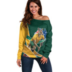 Personalized Kookaburras Field Hockey Kangaroo Off Shoulder Sweater Australian Flag Map With Abstract Green And Gold Wave Pattern