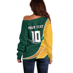 Personalized Kookaburras Field Hockey Kangaroo Off Shoulder Sweater Australian Flag Map With Abstract Green And Gold Wave Pattern