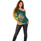 Personalized Kookaburras Field Hockey Kangaroo Off Shoulder Sweater Australian Flag Map With Abstract Green And Gold Wave Pattern