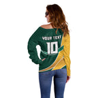 Personalized Kookaburras Field Hockey Kangaroo Off Shoulder Sweater Australian Flag Map With Abstract Green And Gold Wave Pattern