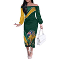 Personalized Kookaburras Field Hockey Kangaroo Off The Shoulder Long Sleeve Dress Australian Flag Map With Abstract Green And Gold Wave Pattern