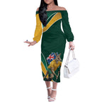 Personalized Kookaburras Field Hockey Kangaroo Off The Shoulder Long Sleeve Dress Australian Flag Map With Abstract Green And Gold Wave Pattern