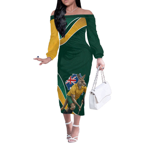 Personalized Kookaburras Field Hockey Kangaroo Off The Shoulder Long Sleeve Dress Australian Flag Map With Abstract Green And Gold Wave Pattern