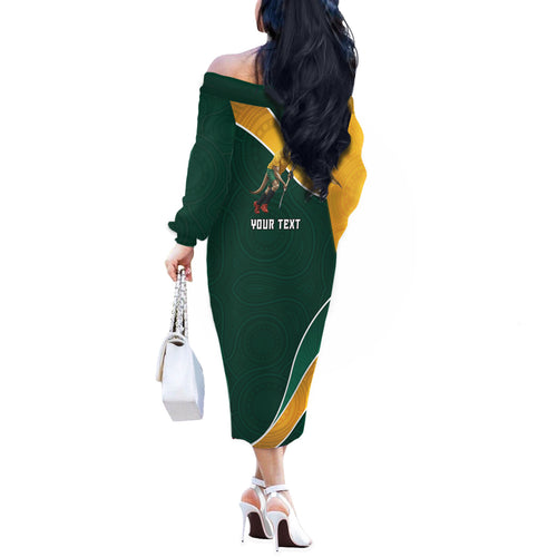 Personalized Kookaburras Field Hockey Kangaroo Off The Shoulder Long Sleeve Dress Australian Flag Map With Abstract Green And Gold Wave Pattern