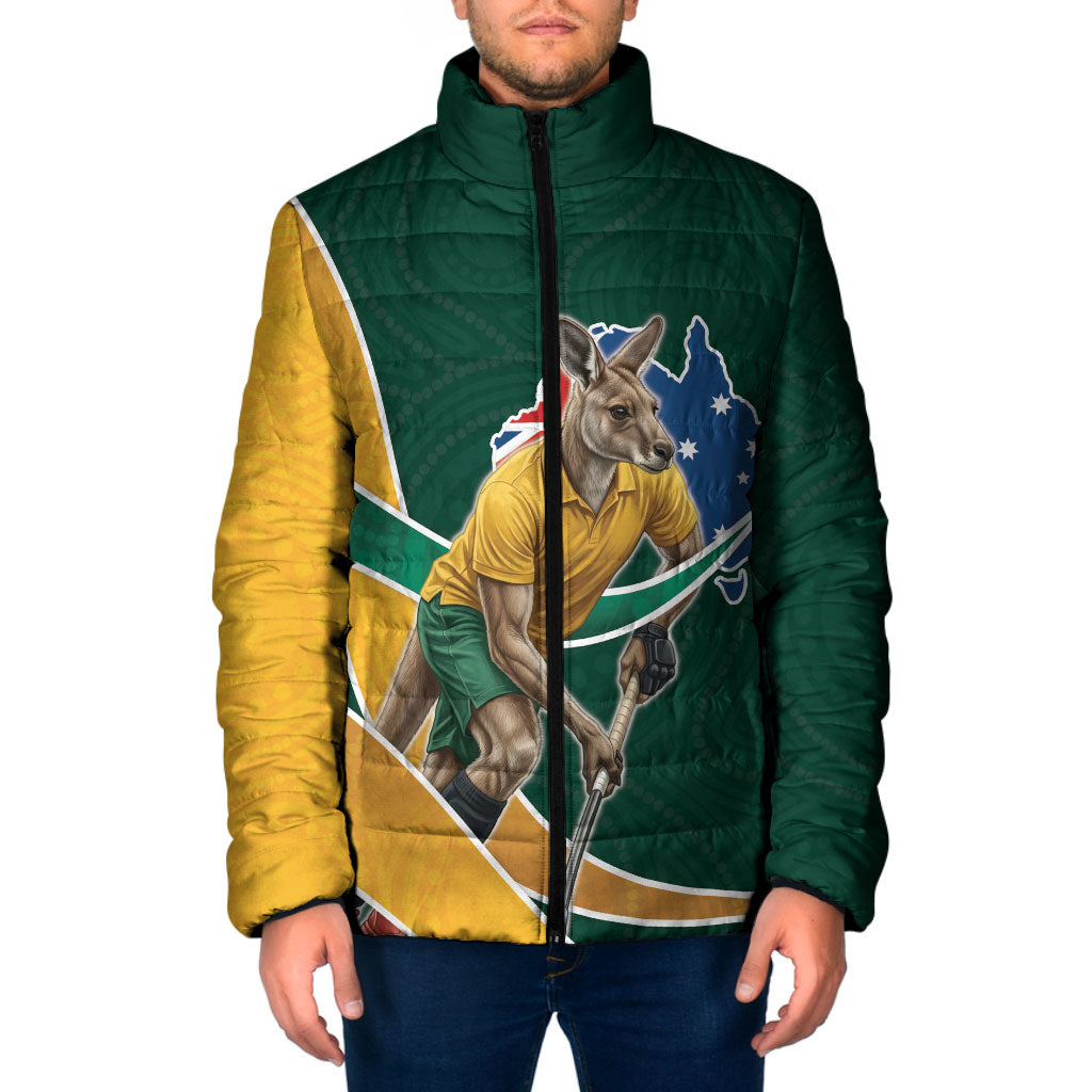 Personalized Kookaburras Field Hockey Kangaroo Padded Jacket Australian Flag Map With Abstract Green And Gold Wave Pattern