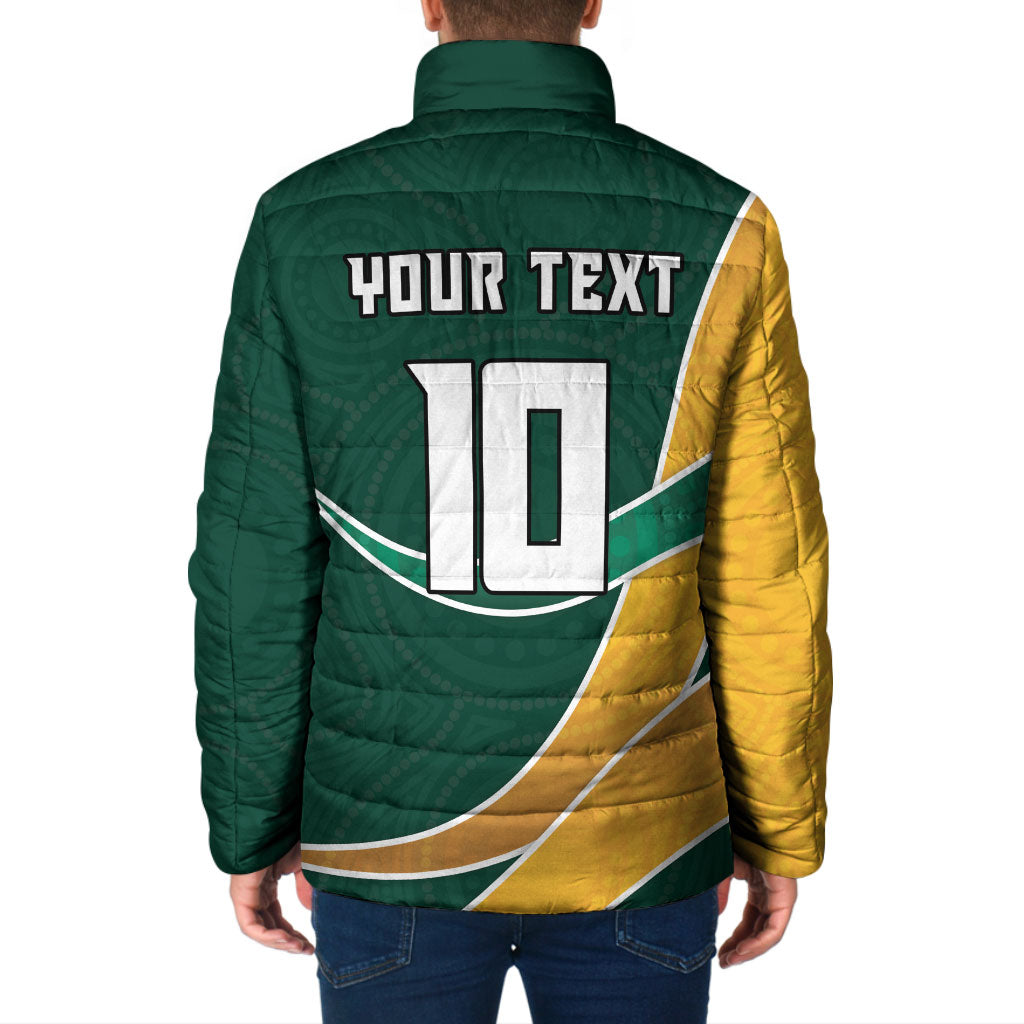 Personalized Kookaburras Field Hockey Kangaroo Padded Jacket Australian Flag Map With Abstract Green And Gold Wave Pattern