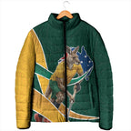 Personalized Kookaburras Field Hockey Kangaroo Padded Jacket Australian Flag Map With Abstract Green And Gold Wave Pattern