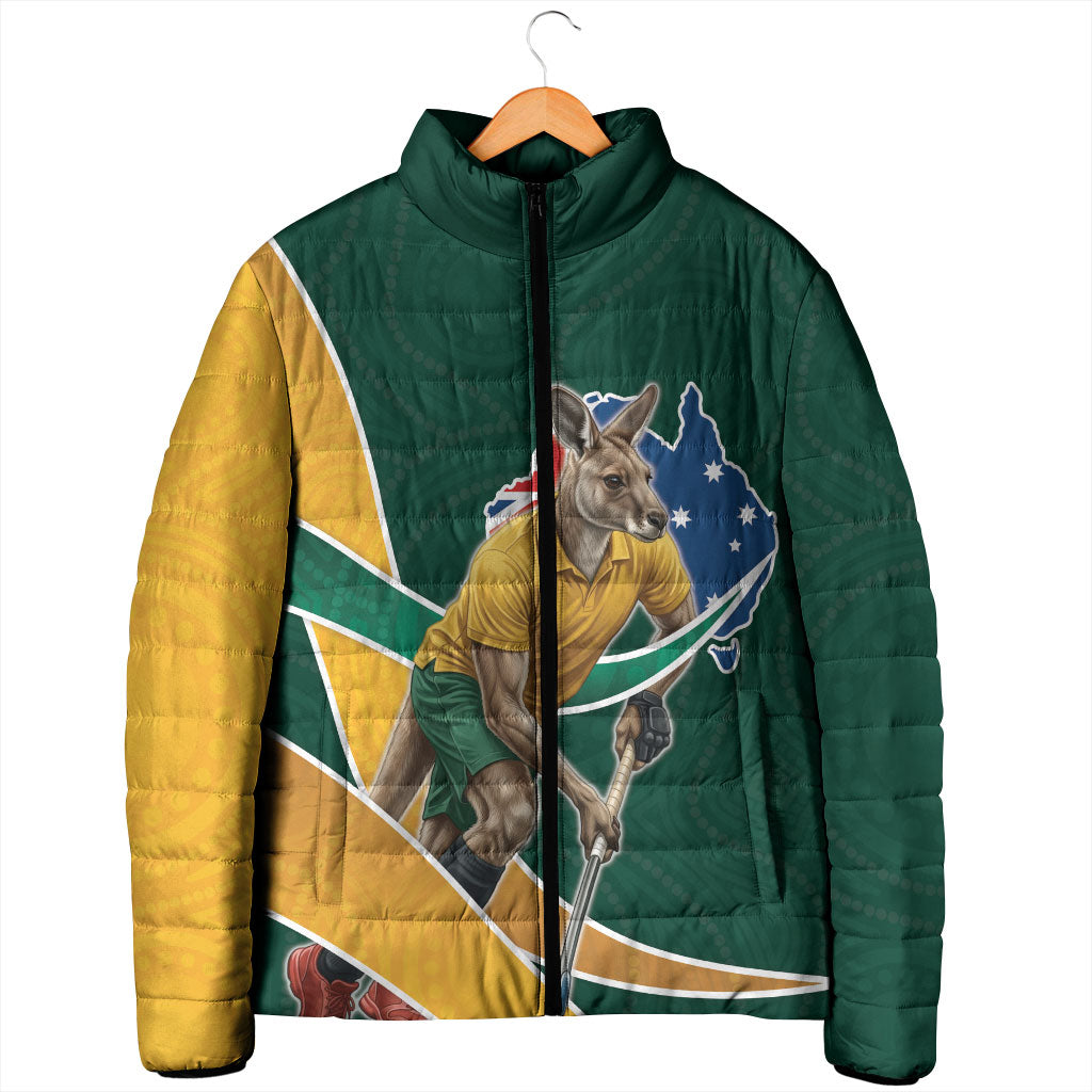 Personalized Kookaburras Field Hockey Kangaroo Padded Jacket Australian Flag Map With Abstract Green And Gold Wave Pattern