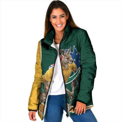 Personalized Kookaburras Field Hockey Kangaroo Padded Jacket Australian Flag Map With Abstract Green And Gold Wave Pattern