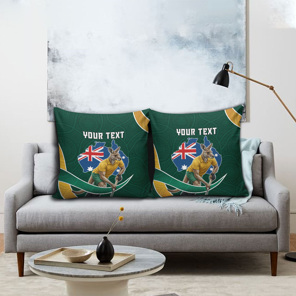 Personalized Kookaburras Field Hockey Kangaroo Pillow Cover Australian Flag Map With Abstract Green And Gold Wave Pattern