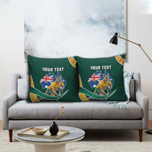 Personalized Kookaburras Field Hockey Kangaroo Pillow Cover Australian Flag Map With Abstract Green And Gold Wave Pattern