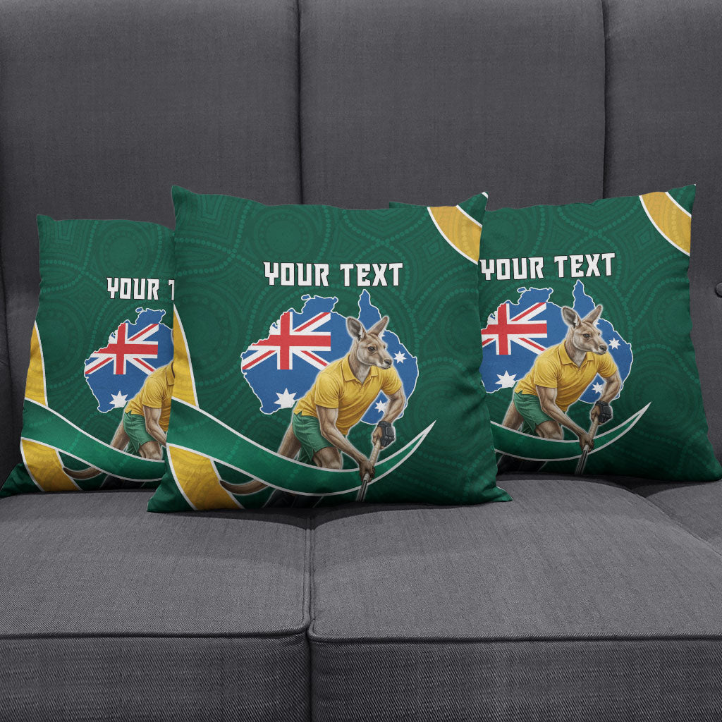 Personalized Kookaburras Field Hockey Kangaroo Pillow Cover Australian Flag Map With Abstract Green And Gold Wave Pattern