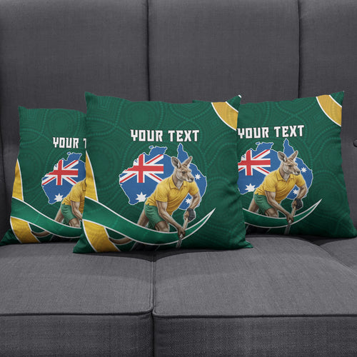 Personalized Kookaburras Field Hockey Kangaroo Pillow Cover Australian Flag Map With Abstract Green And Gold Wave Pattern