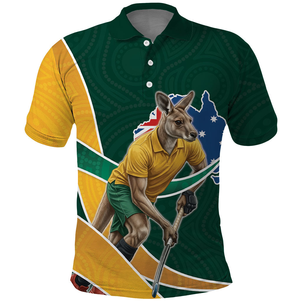 Personalized Kookaburras Field Hockey Kangaroo Polo Shirt Australian Flag Map With Abstract Green And Gold Wave Pattern