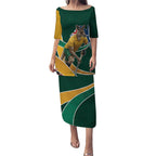 Personalized Kookaburras Field Hockey Kangaroo Puletasi Australian Flag Map With Abstract Green And Gold Wave Pattern