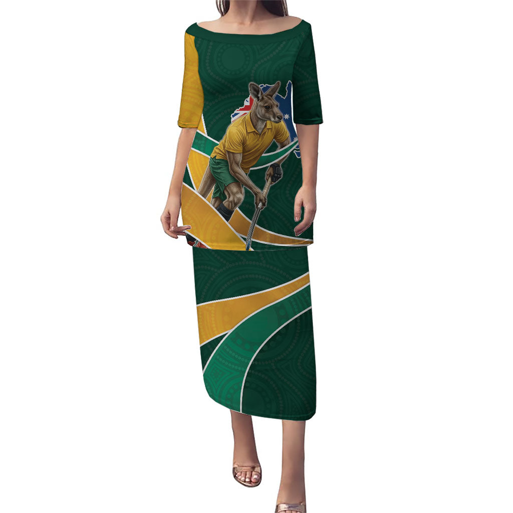 Personalized Kookaburras Field Hockey Kangaroo Puletasi Australian Flag Map With Abstract Green And Gold Wave Pattern