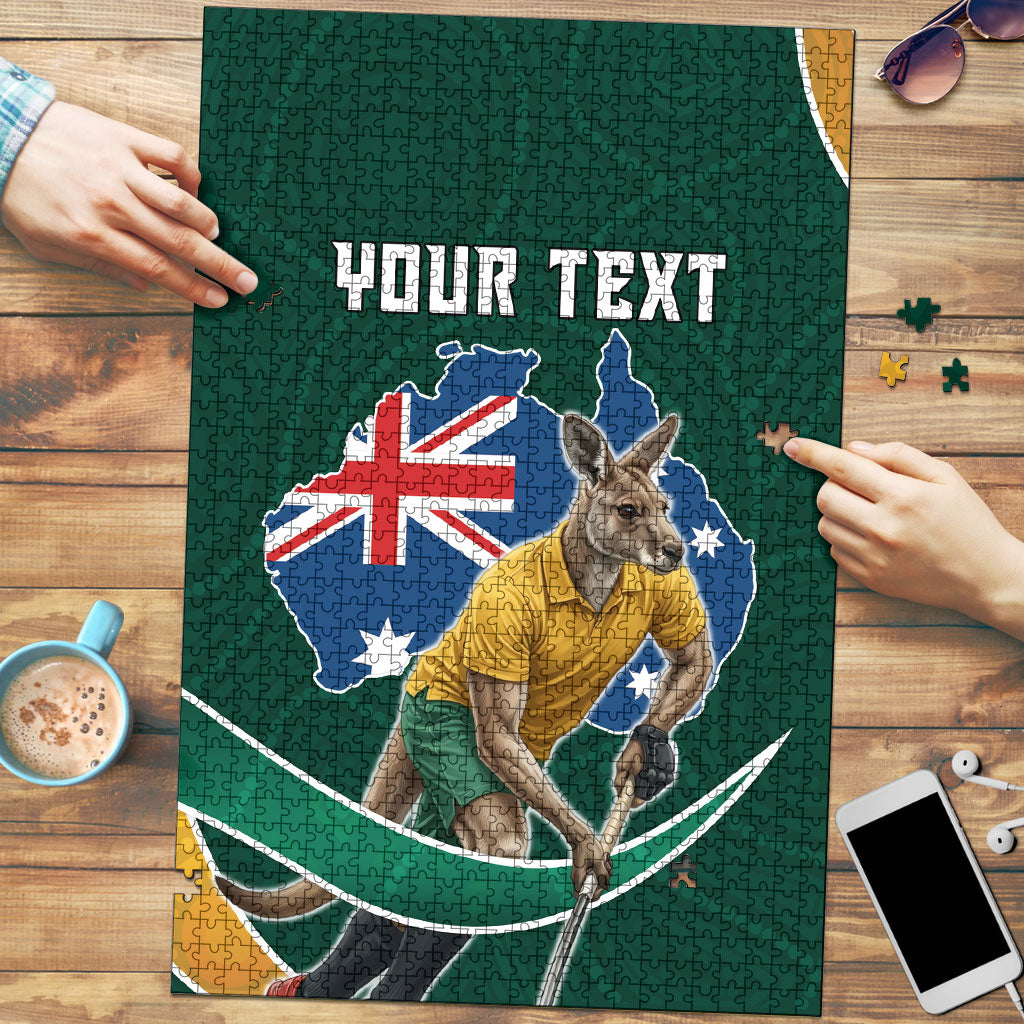 Personalized Kookaburras Field Hockey Kangaroo Puzzle Australian Flag Map With Abstract Green And Gold Wave Pattern