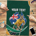 Personalized Kookaburras Field Hockey Kangaroo Puzzle Australian Flag Map With Abstract Green And Gold Wave Pattern