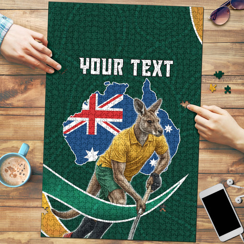 Personalized Kookaburras Field Hockey Kangaroo Puzzle Australian Flag Map With Abstract Green And Gold Wave Pattern