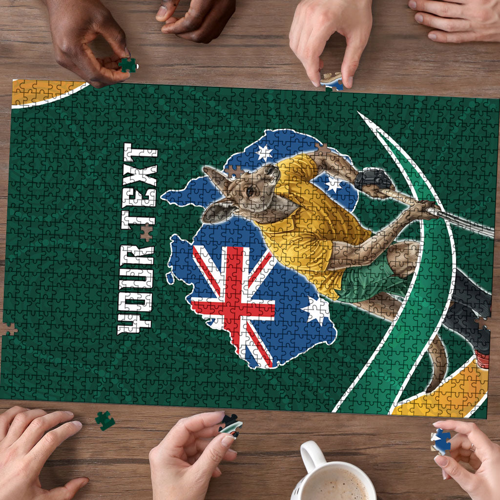 Personalized Kookaburras Field Hockey Kangaroo Puzzle Australian Flag Map With Abstract Green And Gold Wave Pattern